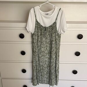 Evsie girl Green Floral Slip Dress with White Tee Layered Look 11-12